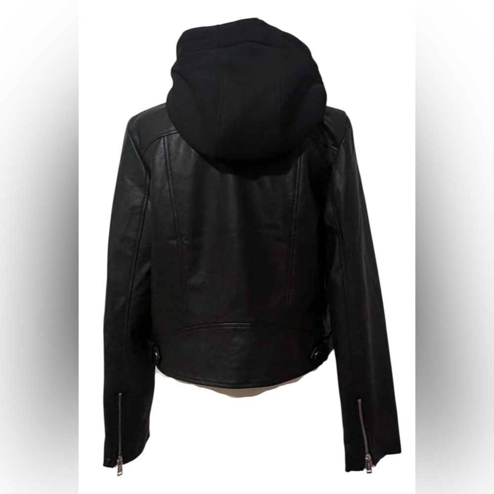 Guess Black Faux Leather Moto Jacket w/ Fleece Hoodie Small, Super Cute! - Picture 7 of 8